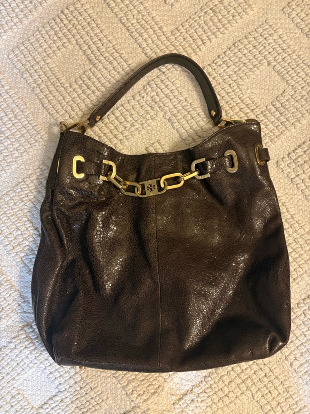 Tory Burch Chocolate Brown Leather Shoulder Bag with Gold Chain